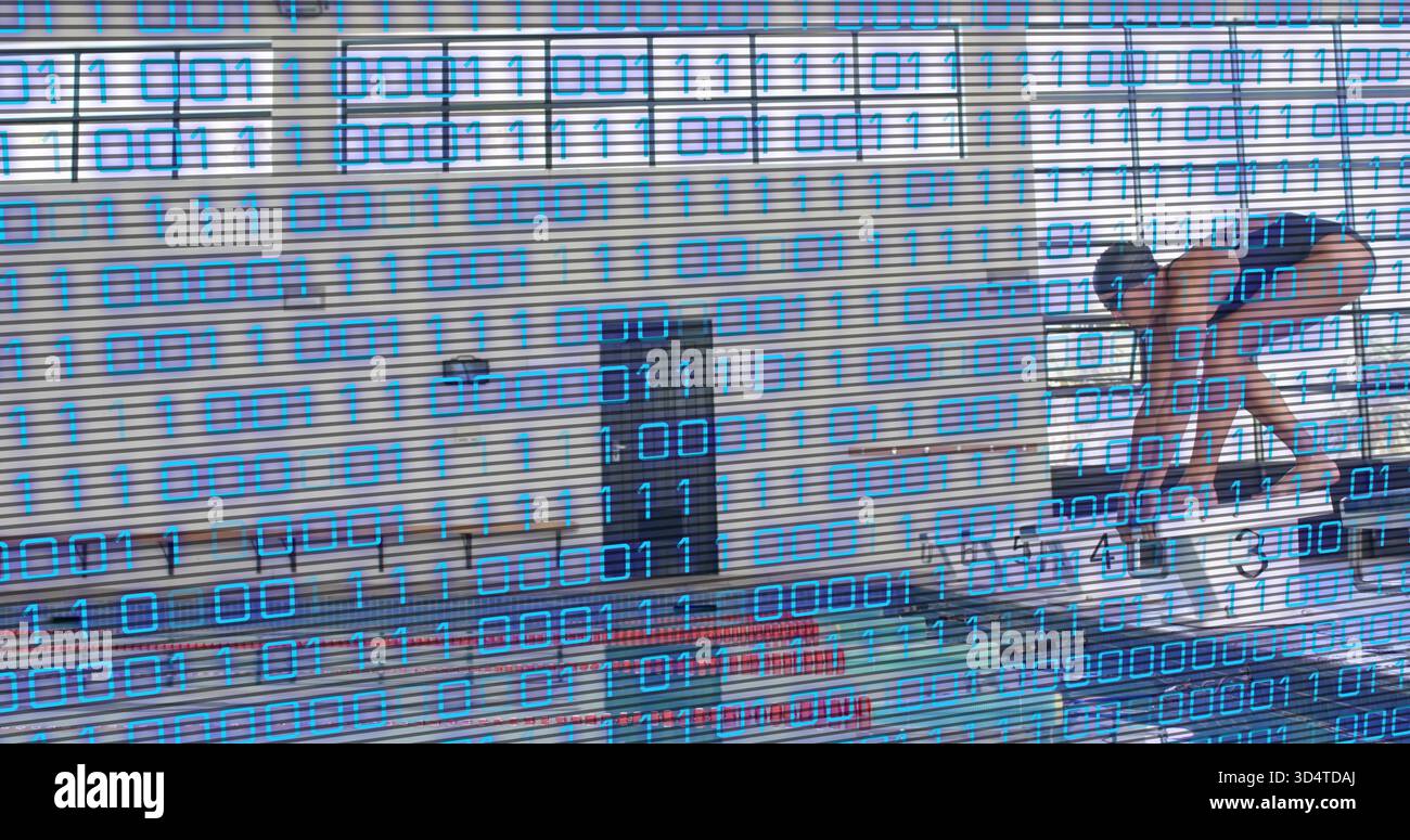 Preparing woman wearing swimsuit on starting block at pool, lanes ...