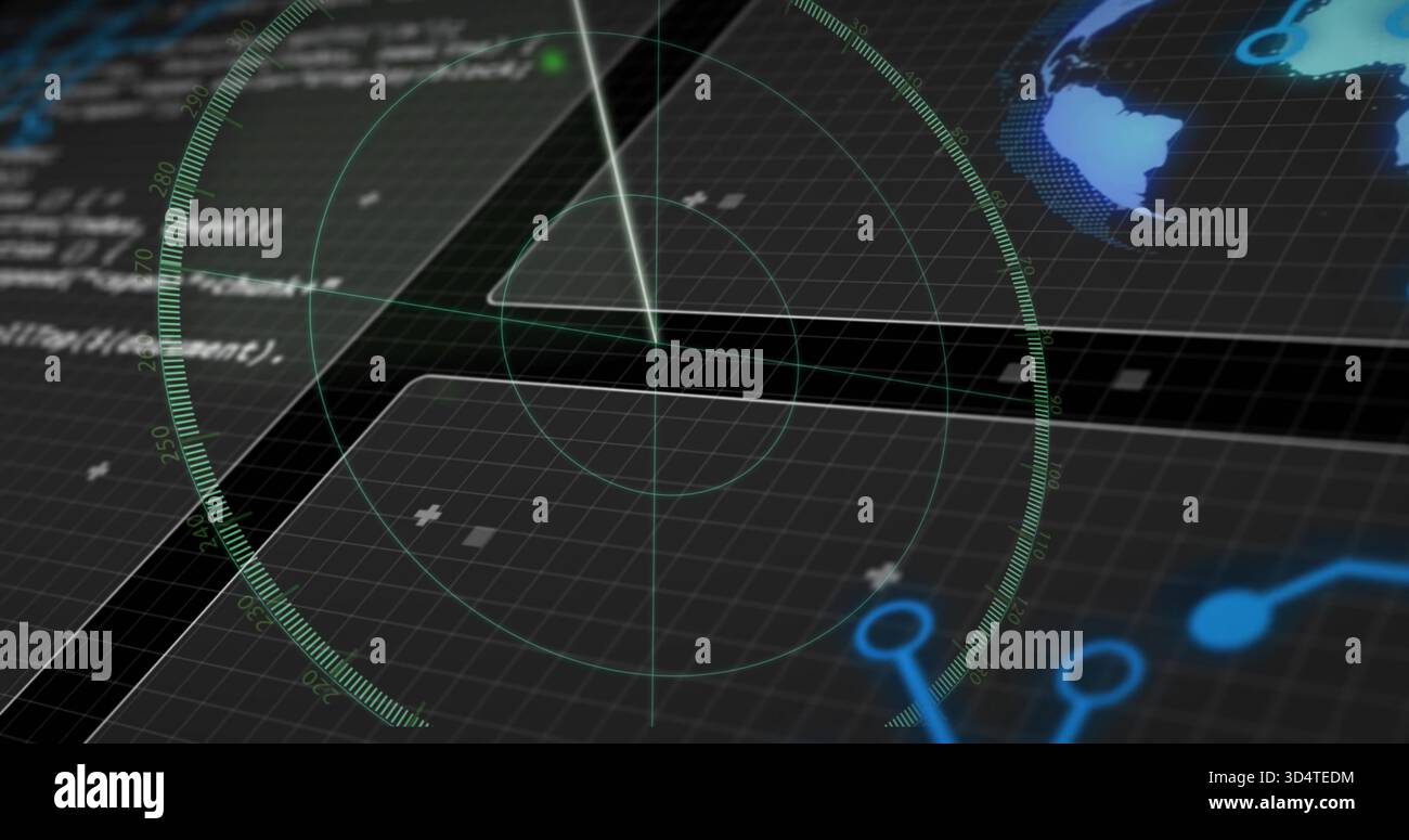 Displaying circular radar overlay scanning control console, showing sweep beam, code, map, nodes Stock Photo