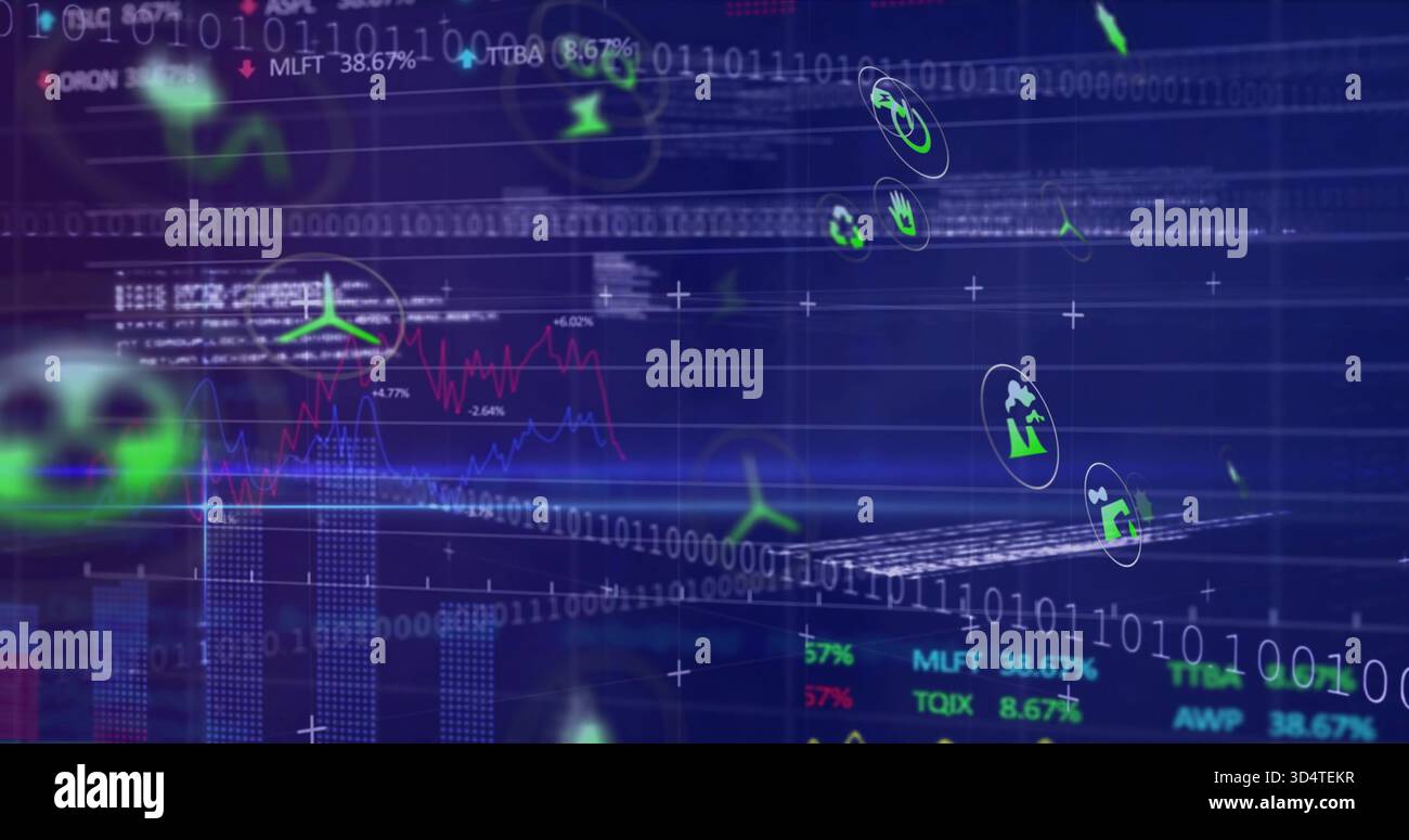 Displaying virtual dashboard showing red blue line graphs, bar charts, binary code, floating icons Stock Photo