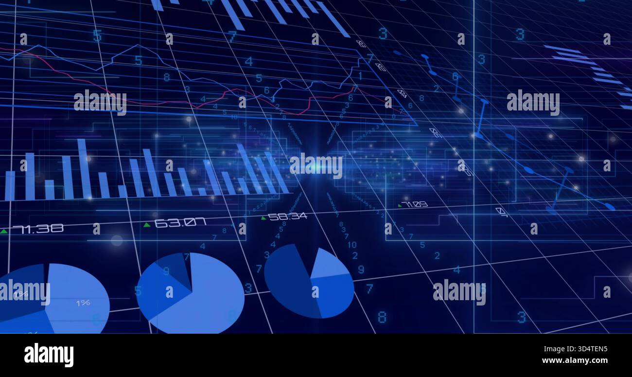 Displaying 3D data visualization in virtual panel, showing bars, segmented pies, line graphs, nodes Stock Photo