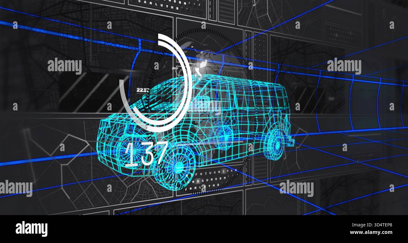 Displaying cyan wireframe van model hovering in virtual design workspace, with circular gauge 137 Stock Photo