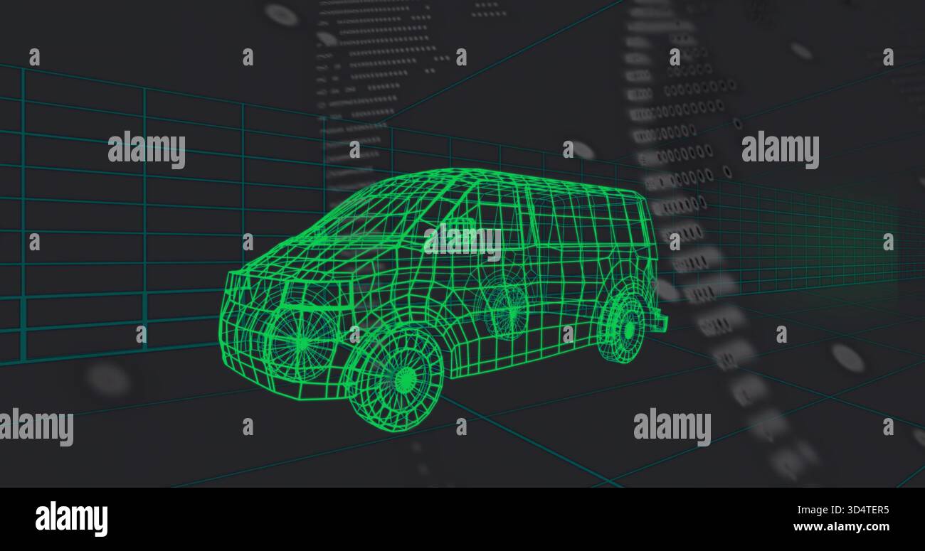 Rendering neon-green wireframe cargo van model hovering over floor grid, showing digit stream data Stock Photo