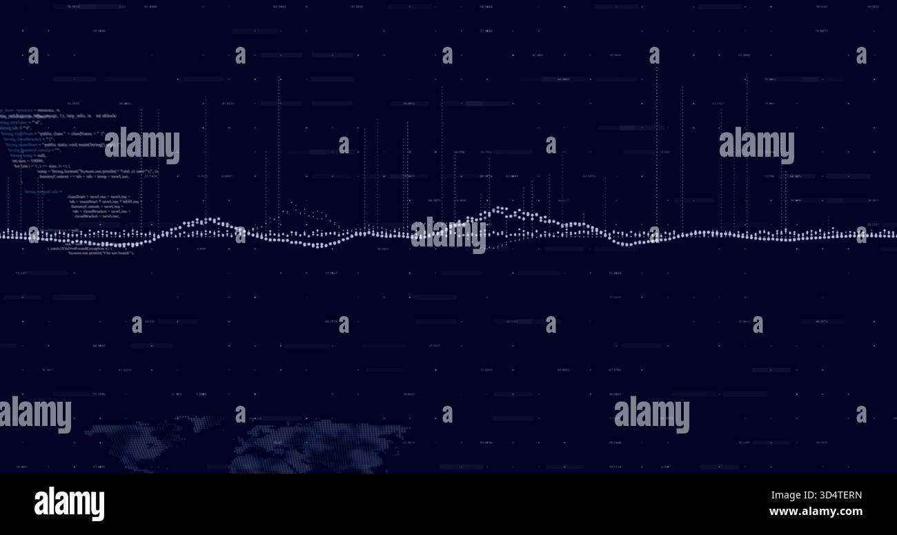 Displaying horizontal dotted waveform pulsing across dark navy data dashboard, with code block map Stock Photo