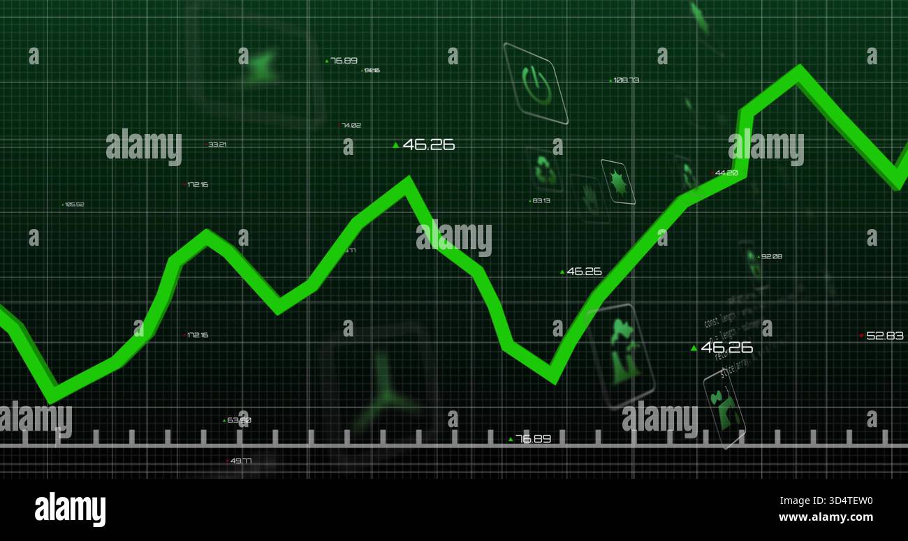 Displaying green data line sweeping across dashboard, showing grid, numeric labels, floating icons Stock Photo