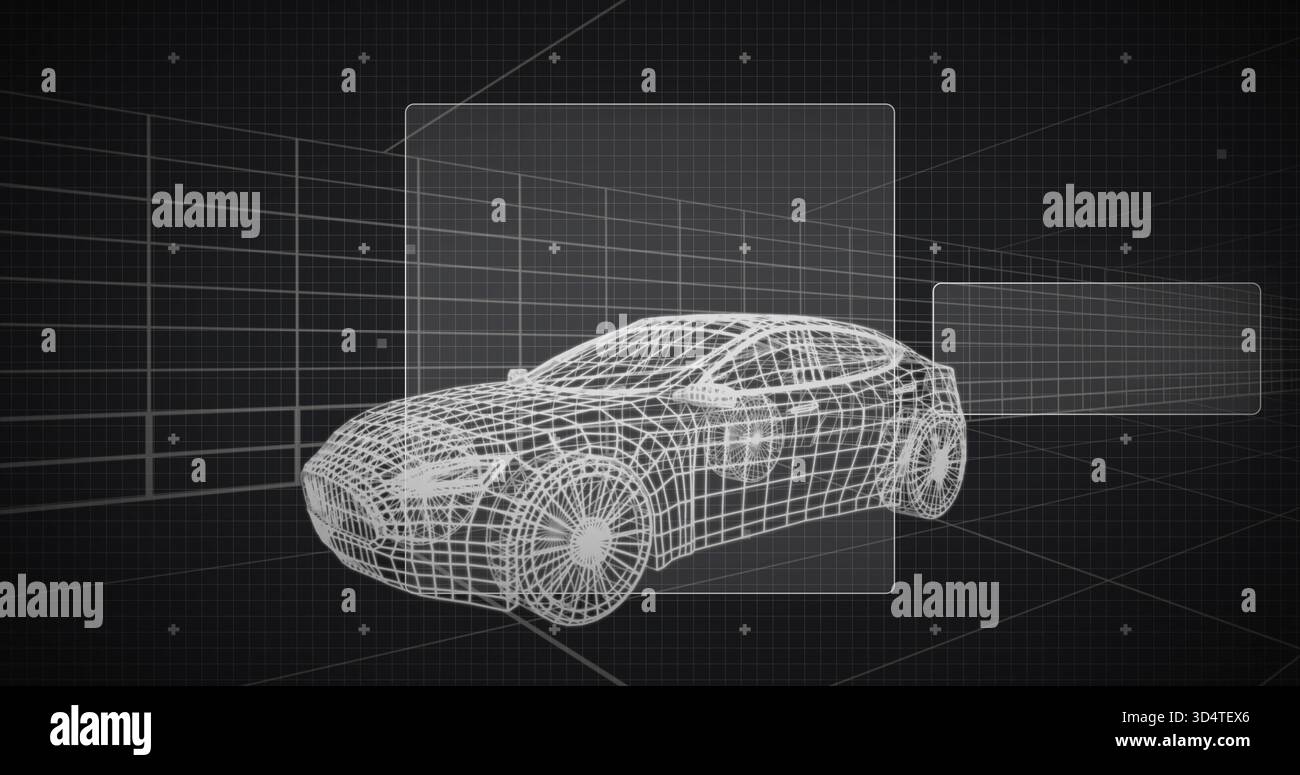 Rendering wireframe passenger car model in CAD workspace, showing grid plane and UI panels Stock Photo