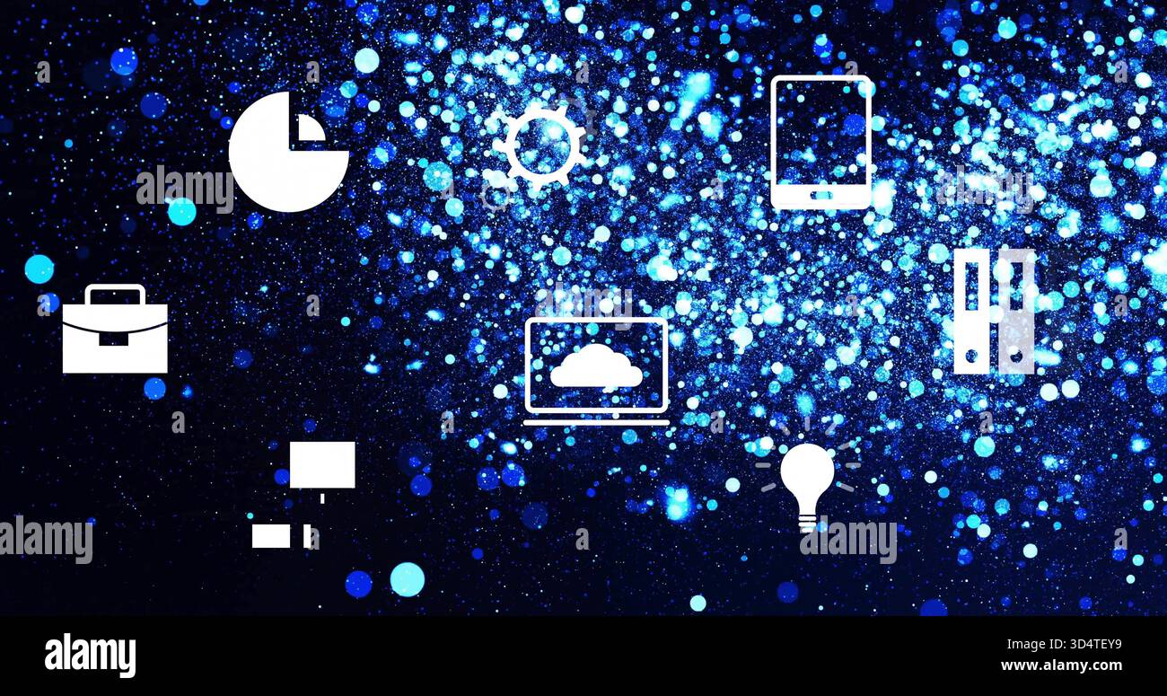 Displaying white tech and business icons floating over blue sparkling ...