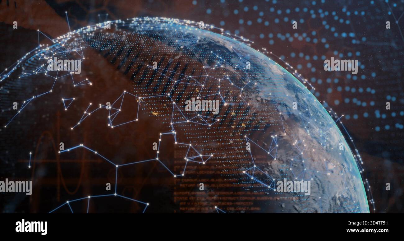 Showing holographic Earth globe in virtual space, displaying network nodes, hex grid, data streams Stock Photo