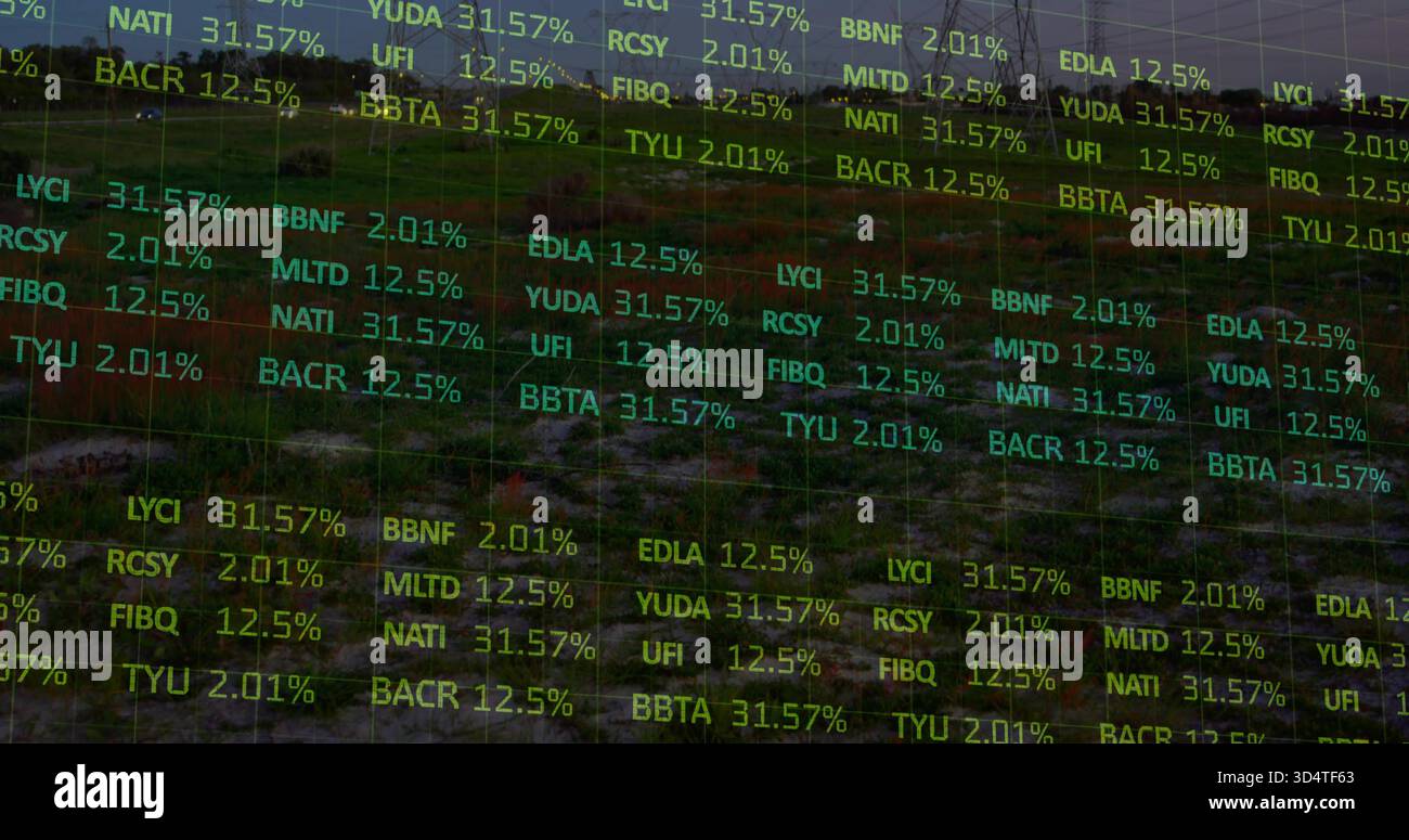 Displaying translucent grid overlay covering grassy hillside, showing tickers and percent values Stock Photo