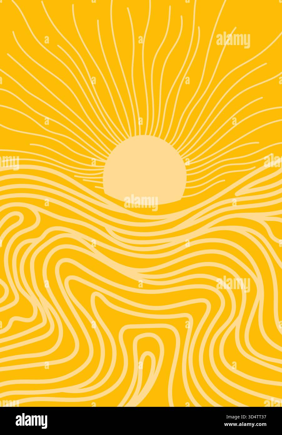 Abstract yellow sun with wavy glowing lines resembling rays and flowing ...
