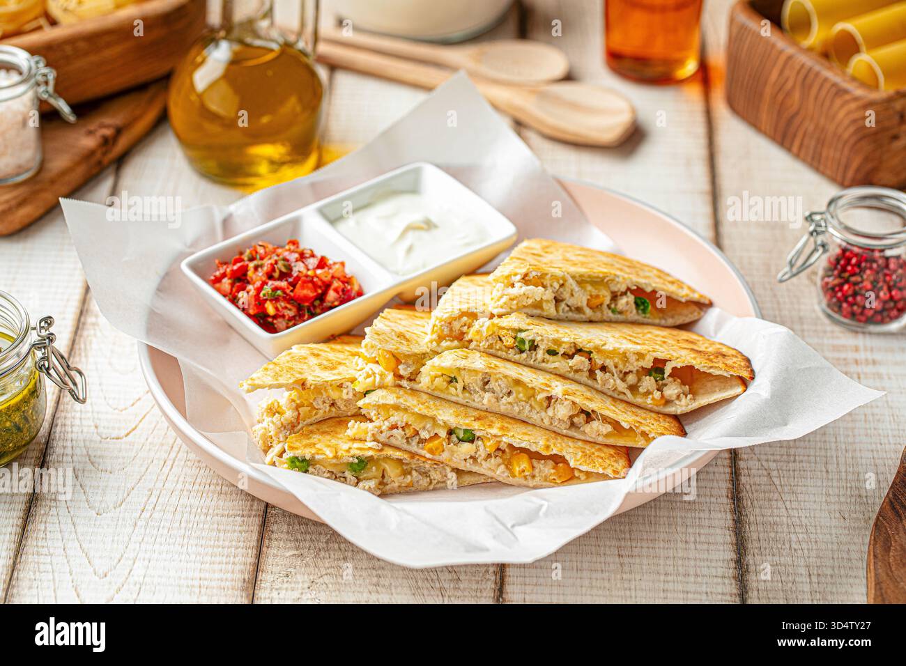 Quesadilla with chicken and cheese Stock Photo