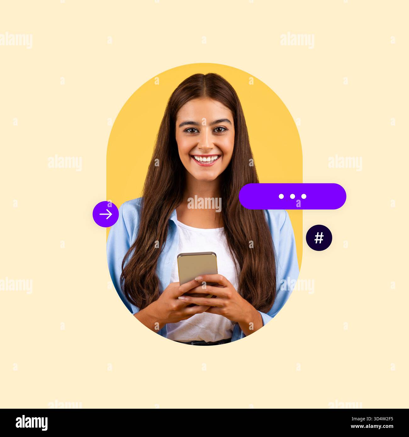 Smiling Woman Holding a Smartphone With a Bright Background and Engaging Expression Stock Photo