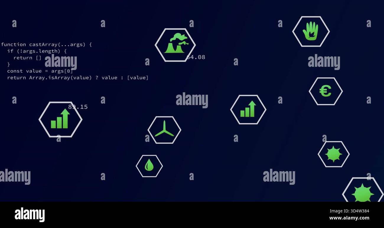 Displaying hex cluster occupying center on navy dashboard, showing code and numeric labels Stock Photo