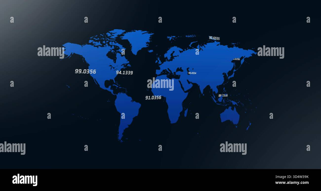 Displaying stylized world map graphic centered on dark navy gradient, showing white numeric labels Stock Photo
