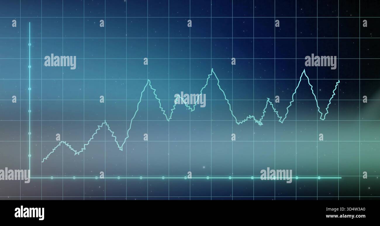 Displaying teal jagged line plot glowing on dashboard screen, with y-axis, x-axis nodes, grid Stock Photo