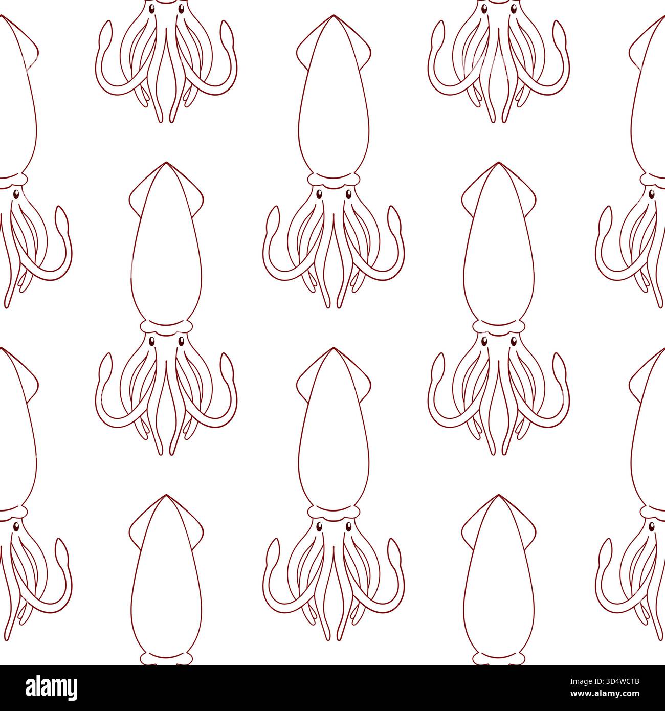 Squid seamless pattern in line art style. Undersea animal silhouette for summer beach design on a white background. Stock Vector