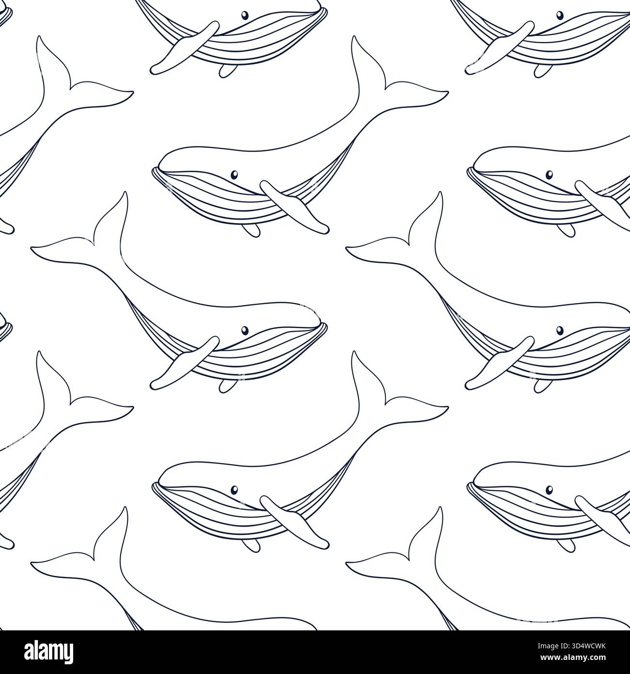 Humpback whale seamless pattern in line art style. Undersea animal background for summer beach design. Stock Vector