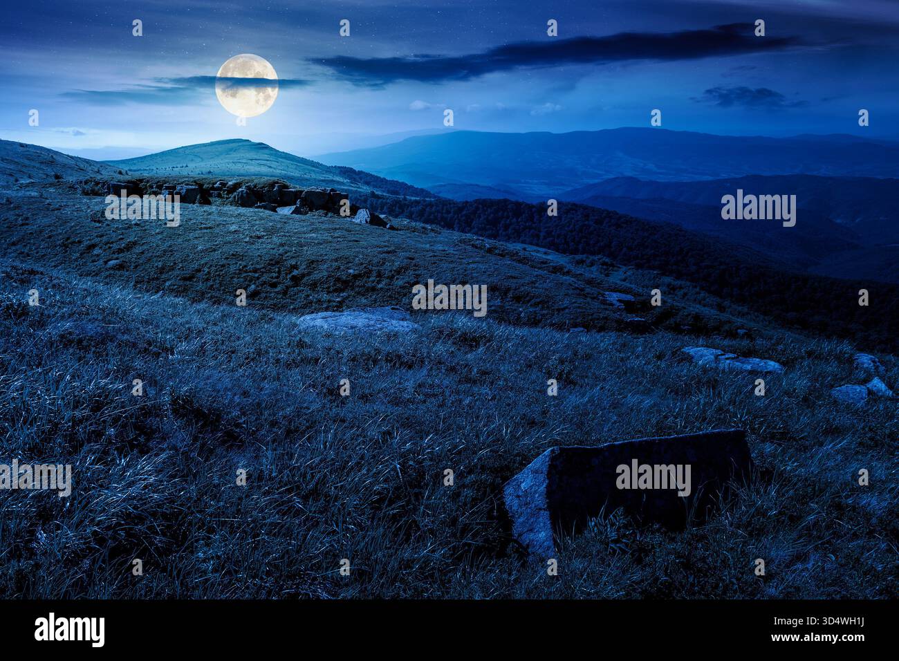 alpine meadows in mountains in summer at night. stones on grassy hills in full moon light. popular travel destination for photo. background for invest Stock Photo