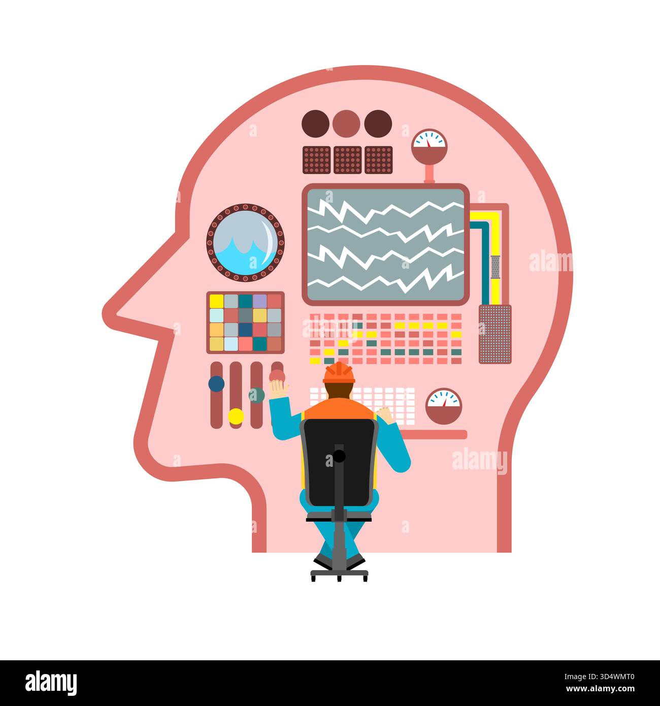 Artificial Intelligence control and machine learning. A man operates a complex mechanism inside a stylized head, symbolizing AI training and developme Stock Vector