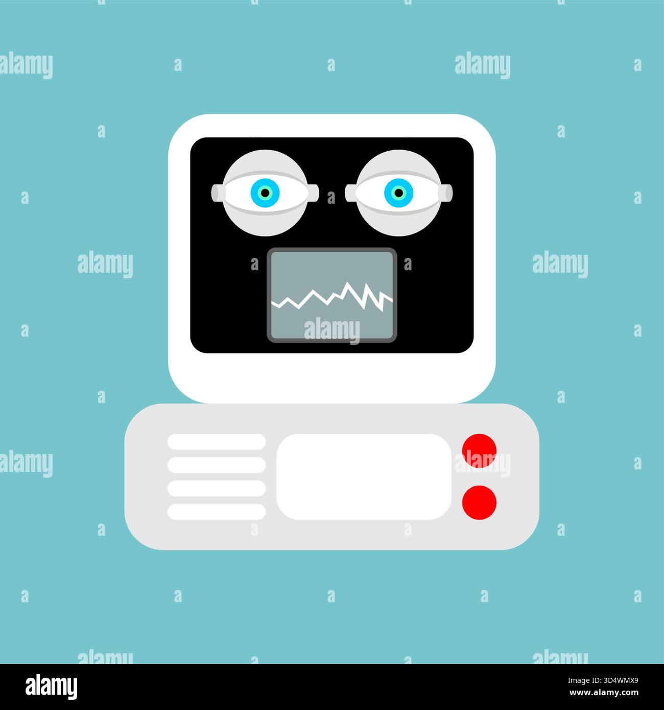 vintage computer with a screen displaying a stylized face or robot head. Concept of Artificial Intelligence (AI), retro computing, or technology inter Stock Vector