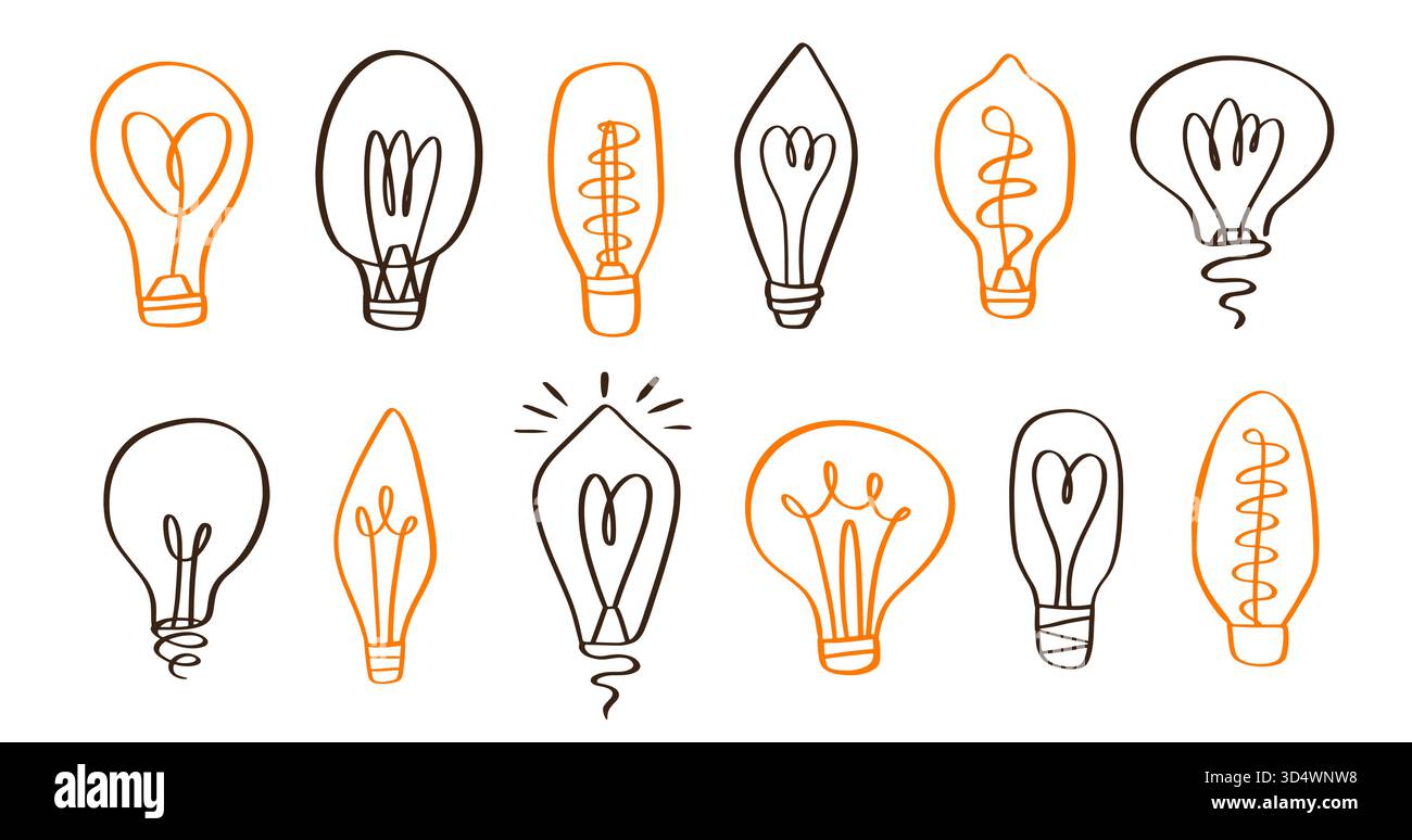 Vector Light Bulb Doodle Icons Set Electric Lamp Stock Vector