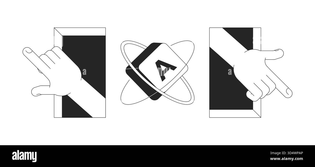 Keyboard key orbit and interactive hands 2D line objects set Stock Vector