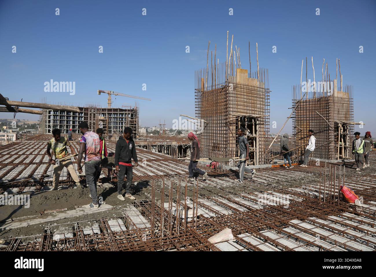 Concrete Casting Process for New Floor Slab on Skyscraper Construction Site. Stock Photo
