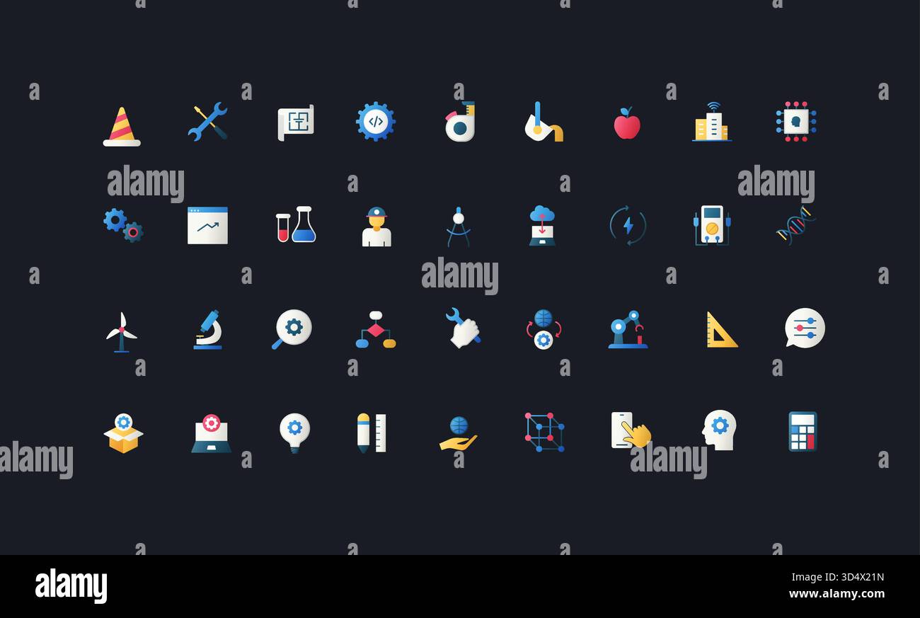 Gradient flat style icons set with engineering, science, technology ...