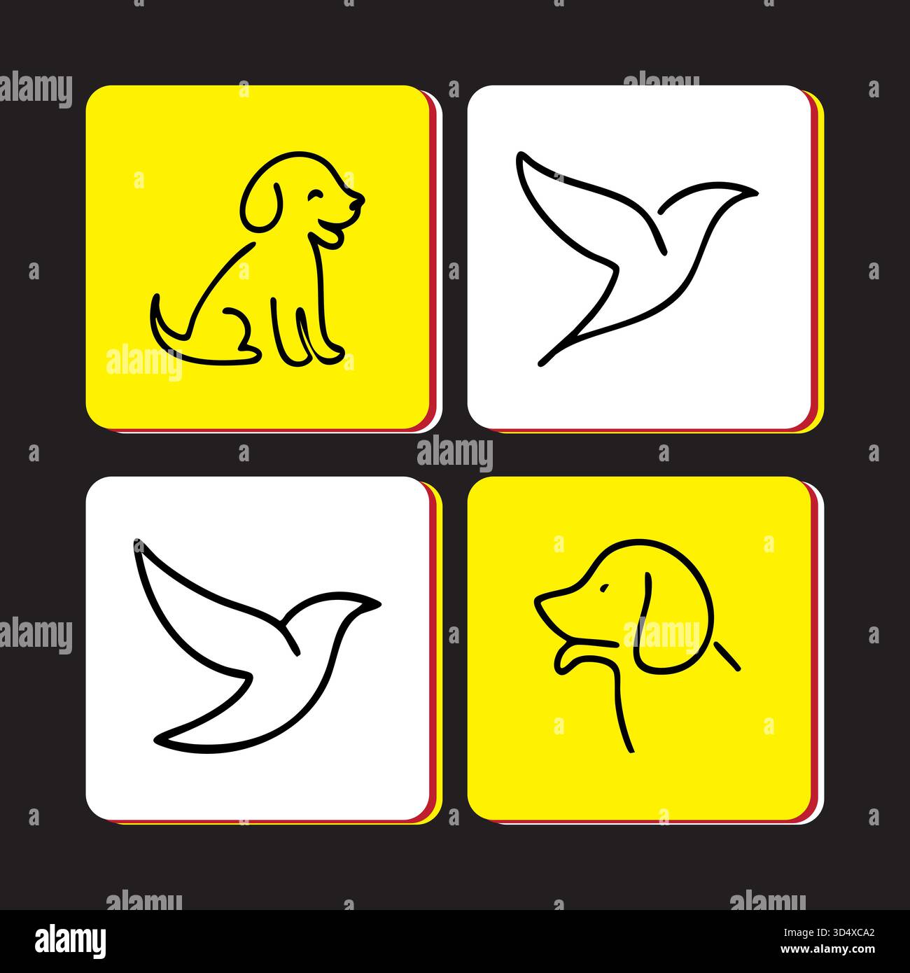 Dog and bird icons on square backgrounds creating a modern pattern Stock Vector
