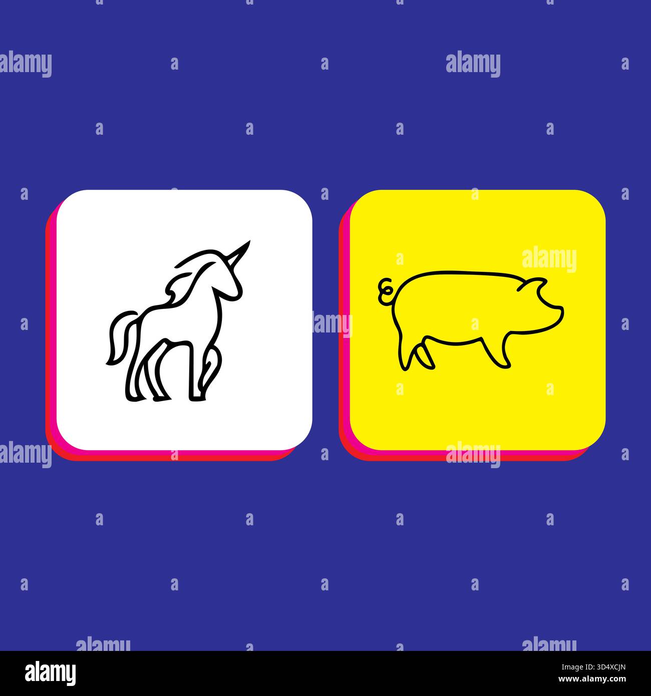 Unicorn and Pig Line Art Icons on White and Yellow Backgrounds Stock Vector