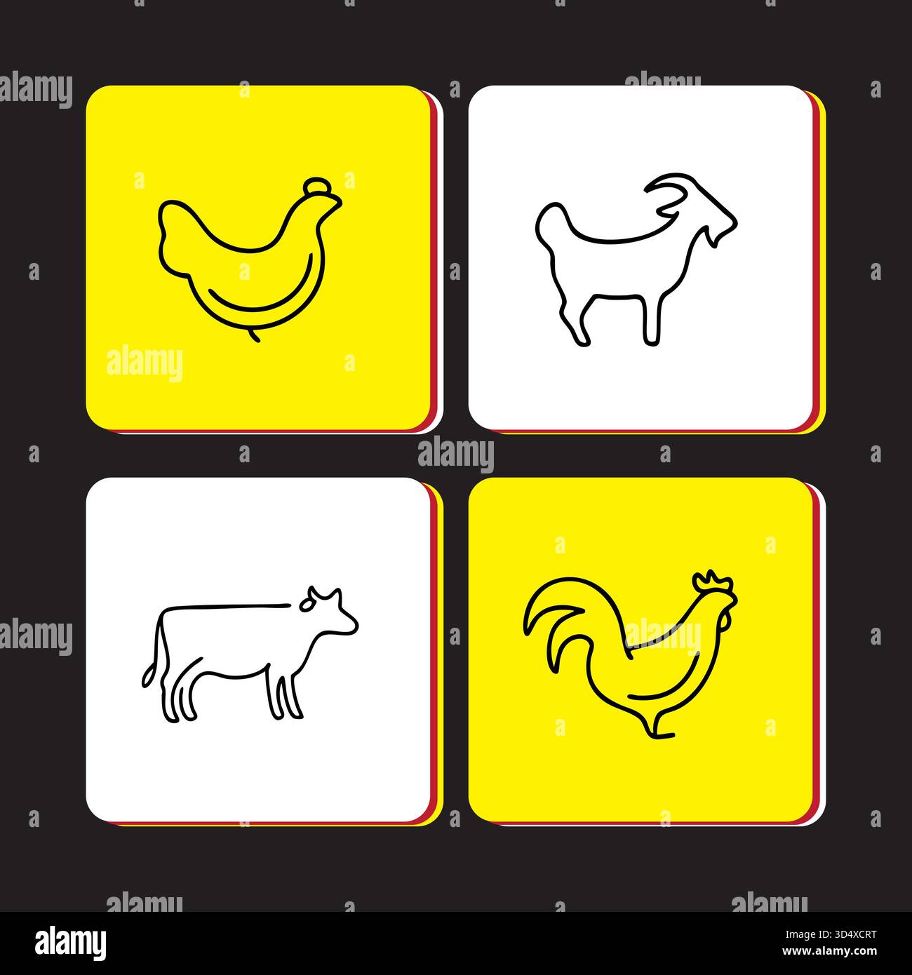 Farm animals vector icons with rooster cow goat and chicken drawings Stock Vector