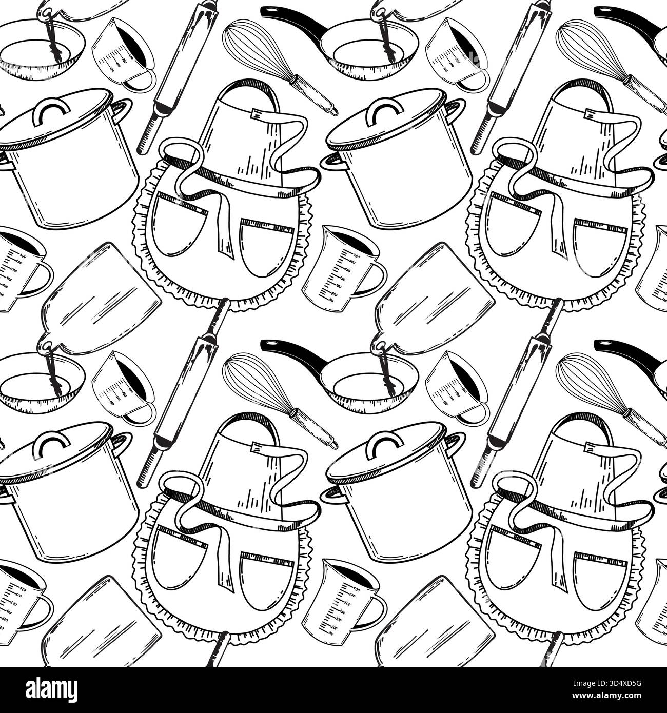 A seamless vector pattern on the theme of the kitchen, a cooking apron, a fire pit, a frying pan, a rolling pin, other kitchen utensils hand-drawn Stock Vector