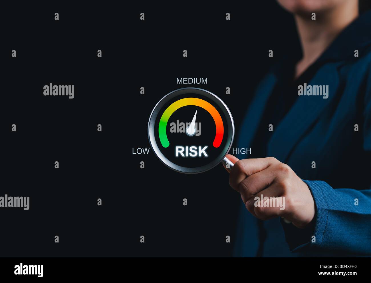 Risk assessment concept. Businesswoman holding gauge meter with risk ...