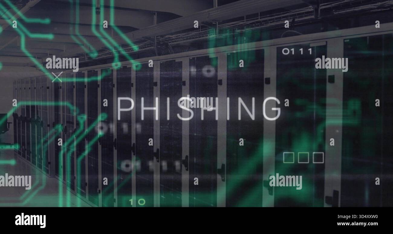 Displaying row of server racks featuring glass-front doors in data center, showing PHISHING overlay Stock Photo