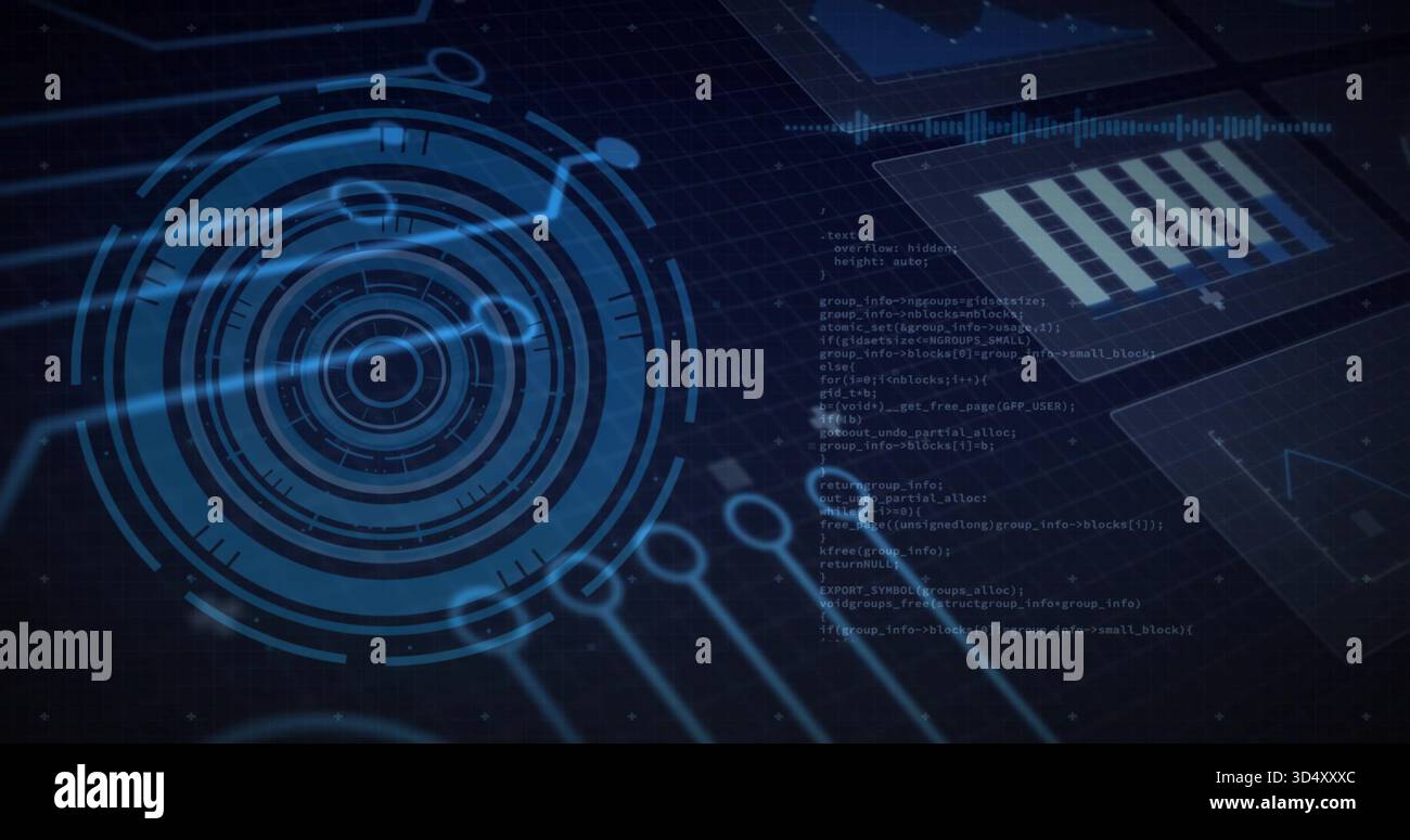 Displaying large circular holographic HUD glowing on virtual dashboard, showing code and bar chart Stock Photo