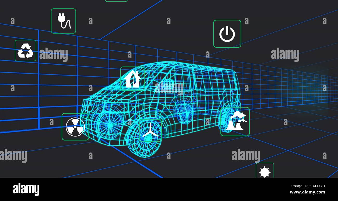 Rendering wireframe 3D van model within virtual grid tunnel, showing floating feature icons Stock Photo