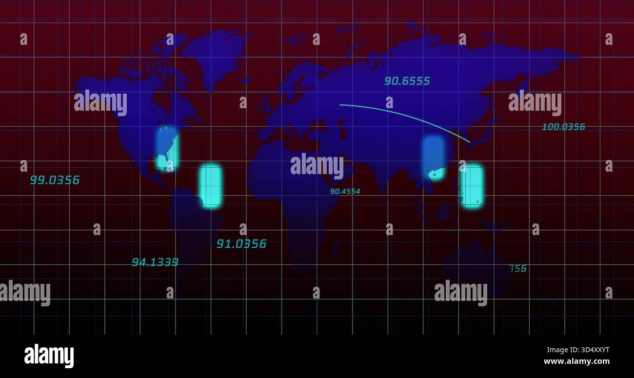 Displaying stylized world map centered on dashboard with cyan pill markers, grid, numeric readouts Stock Photo