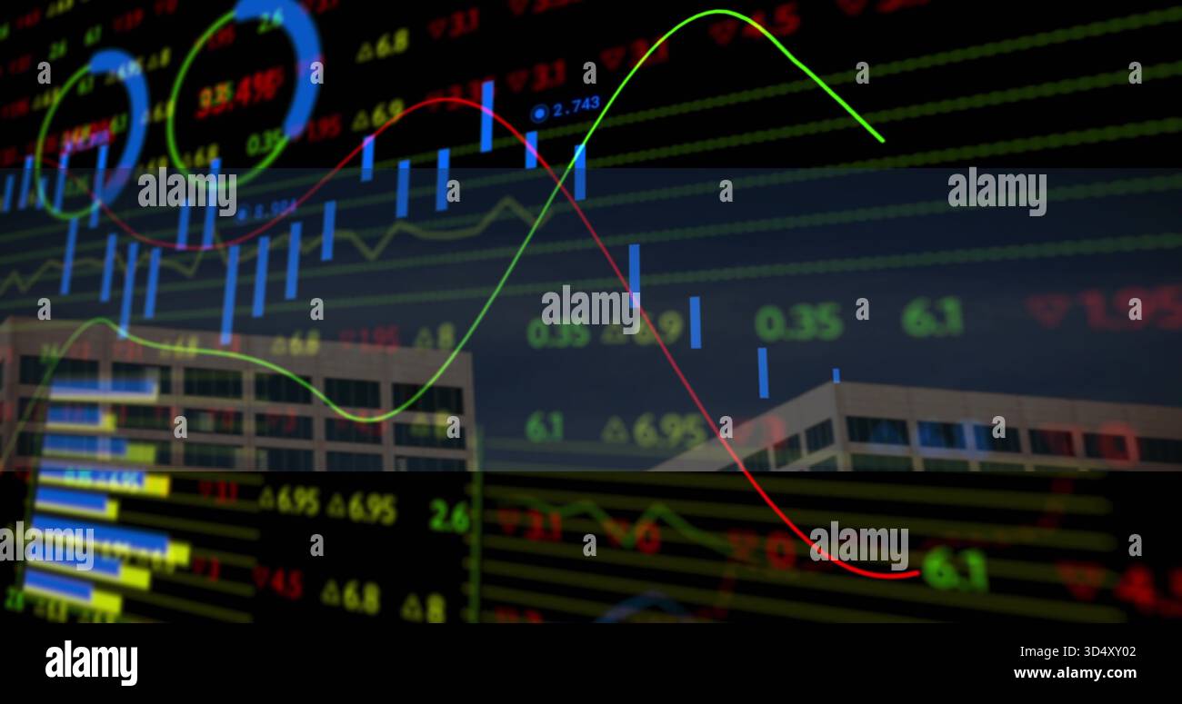 Displaying candlesticks overlaying office facades, featuring blue wicks, green-red averages, volume Stock Photo