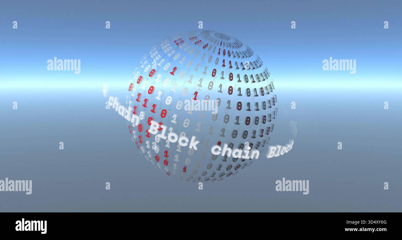 Rotating binary-digit sphere hovering in virtual 3D space, showing moving Block chain ribbon Stock Photo