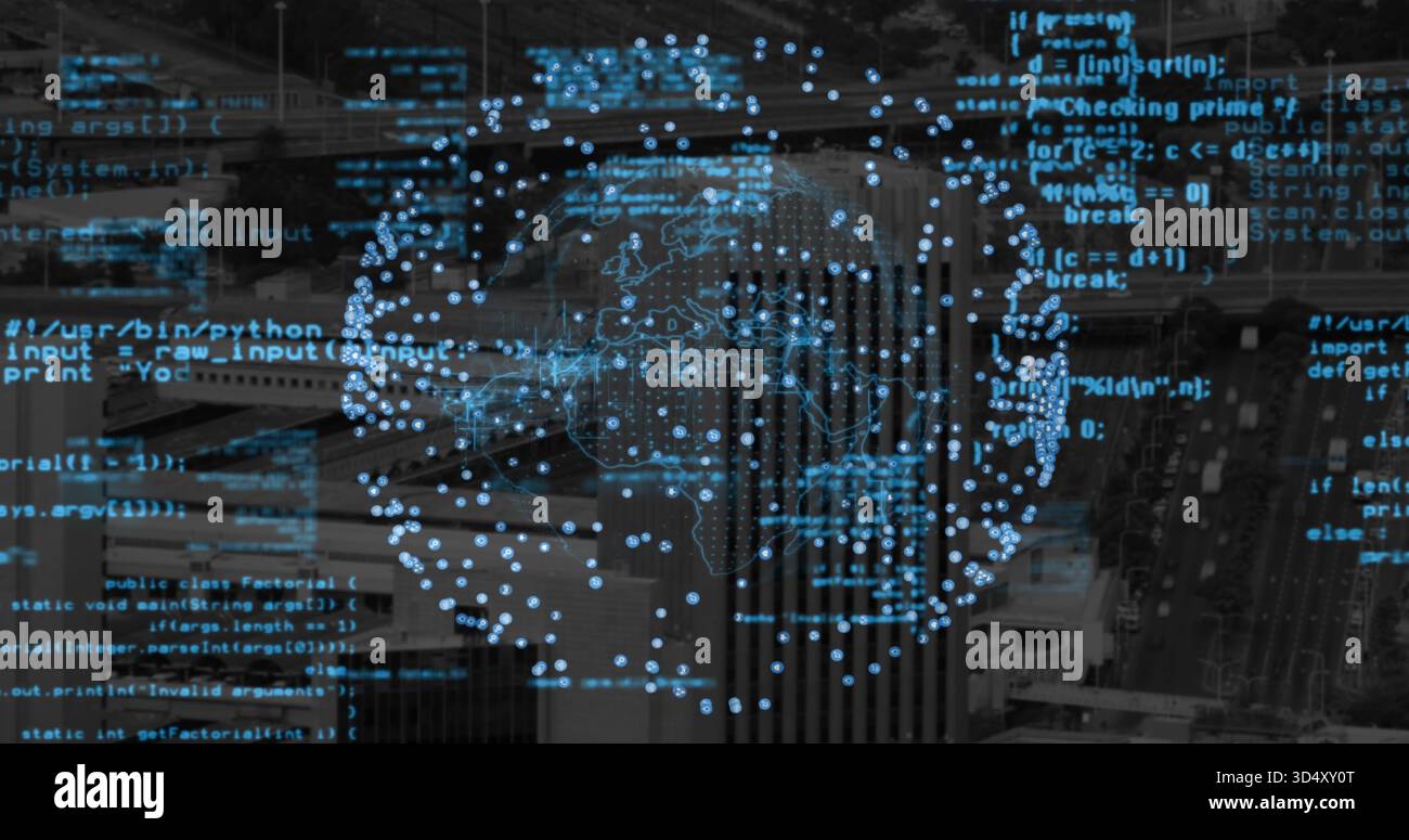Hovering digital globe network spanning aerial urban center, displaying cyan code over skyscrapers Stock Photo