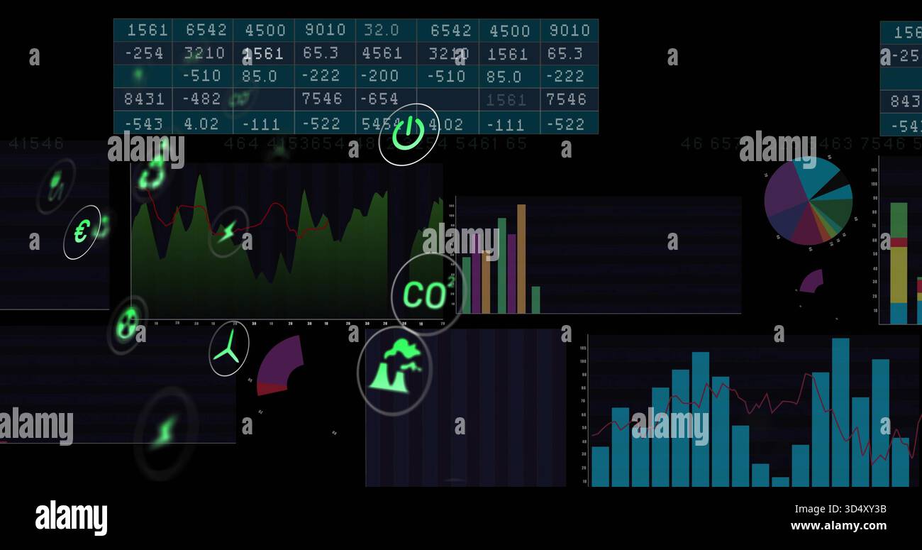 Displaying dark analytics UI on-screen showing table, area chart, bars, pie chart and CO2 icons Stock Photo
