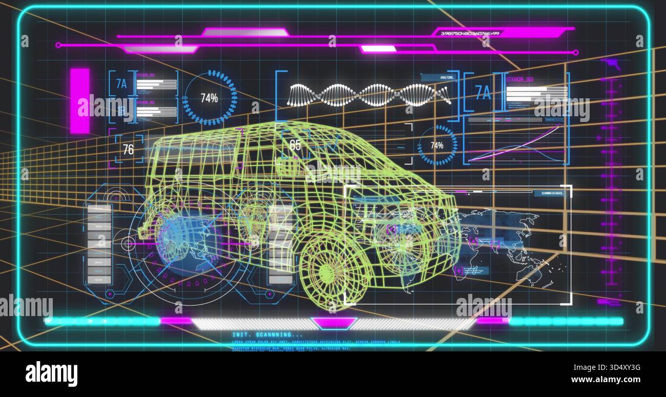 Displaying wireframe 3D SUV scanning on virtual HUD with wheel schematics, progress rings Stock Photo