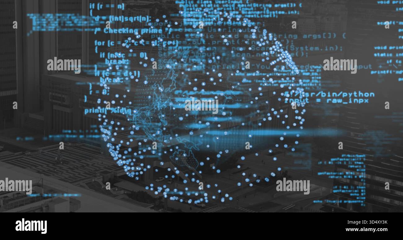 Projecting holographic globe hovering over server racks at data center, with floating code Stock Photo