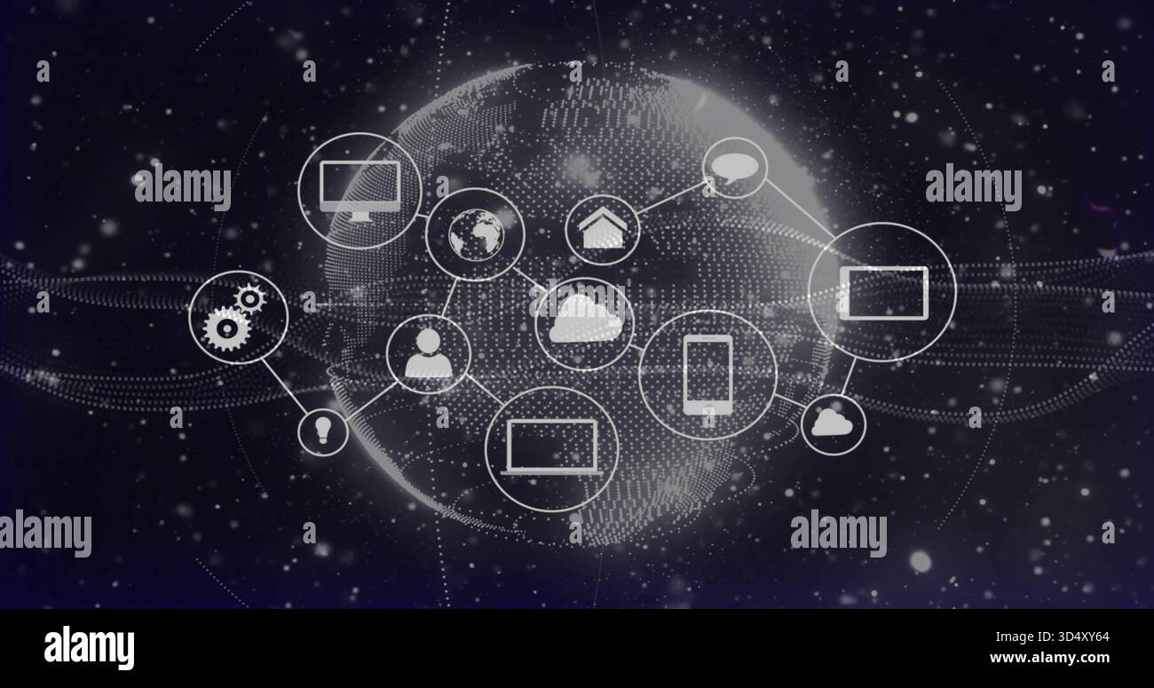 Displaying dotted globe linking network icons, dotted lines, waves, dots on navy backdrop Stock Photo