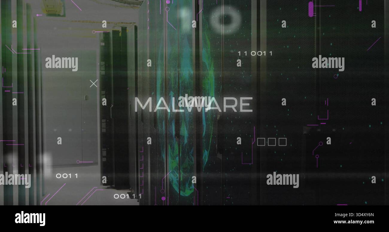 Glowing MALWARE text hovering over teal skull glyph in server room, showing binary digits Stock Photo