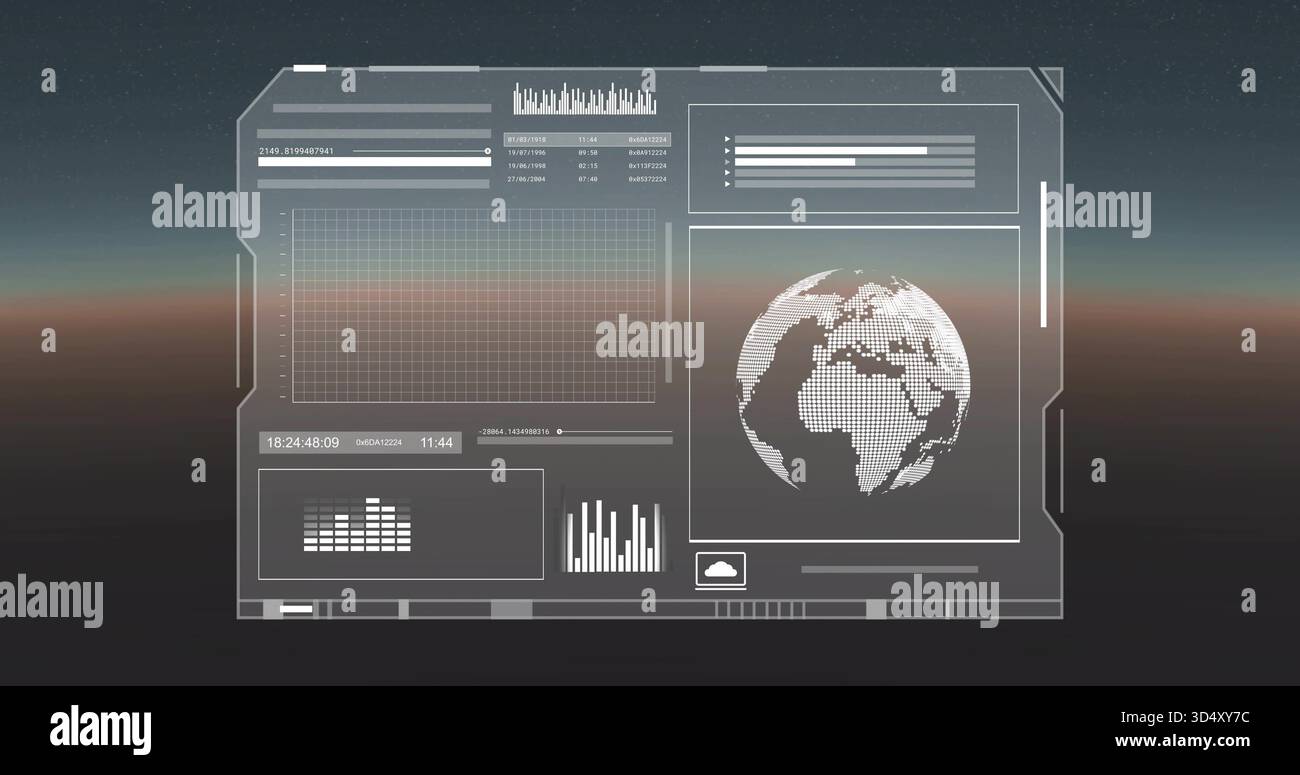 Displaying HUD panel over distant horizon, showing dotted globe grid bars waveform timecode Stock Photo