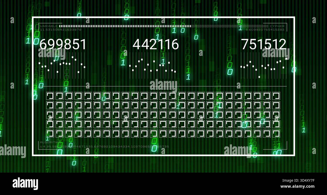 Showing centered white dashboard frame with three numeric counters and grid on dark binary streams Stock Photo