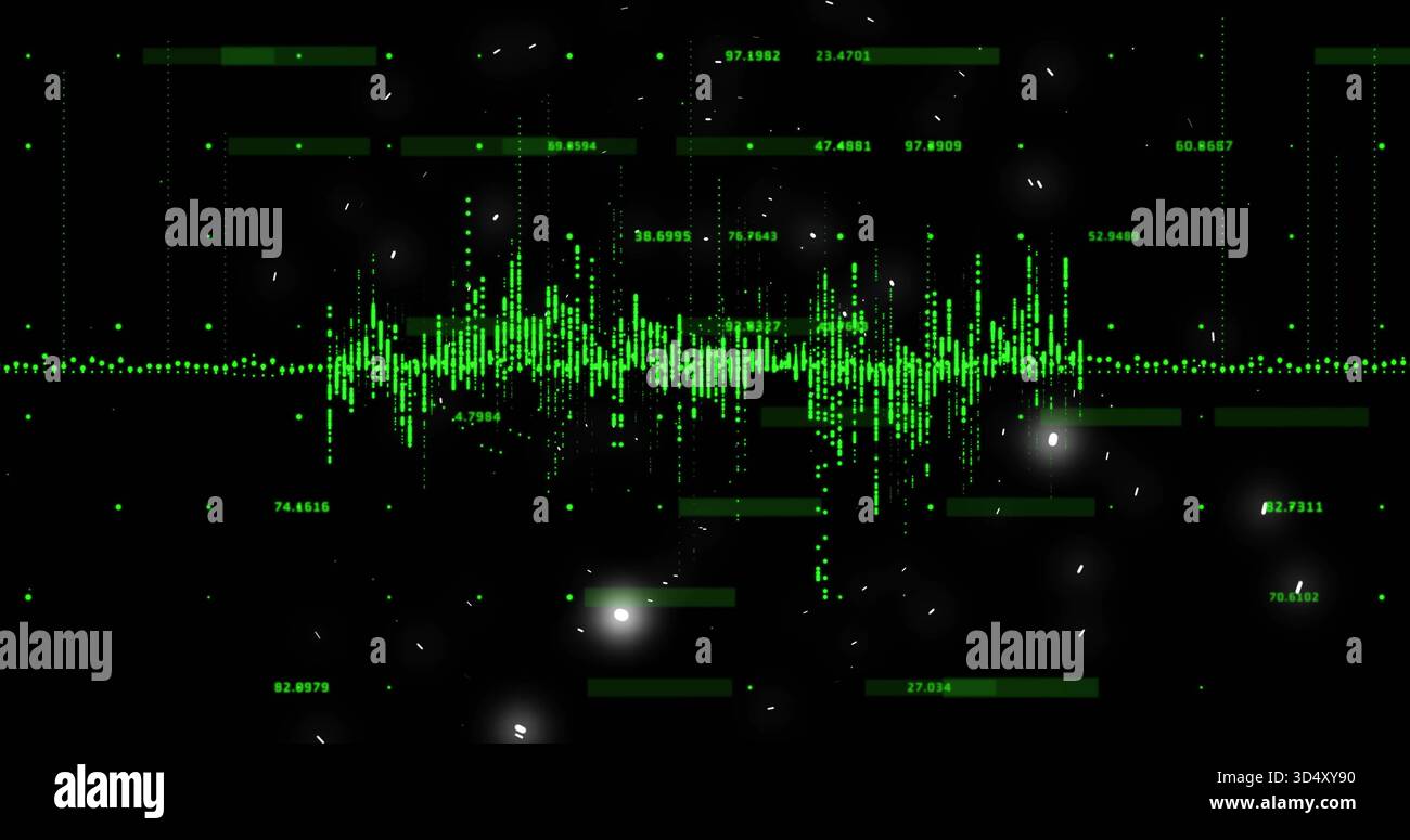 Displaying central neon-green waveform pulsing across dark digital interface, with numeric labels Stock Photo