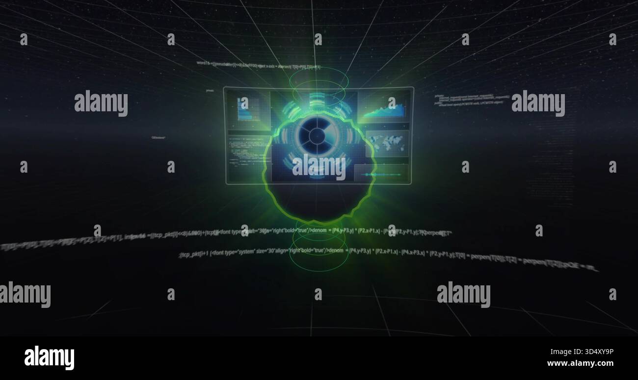 Rotating holographic interface hovering in virtual void, displaying circular core, data widgets Stock Photo