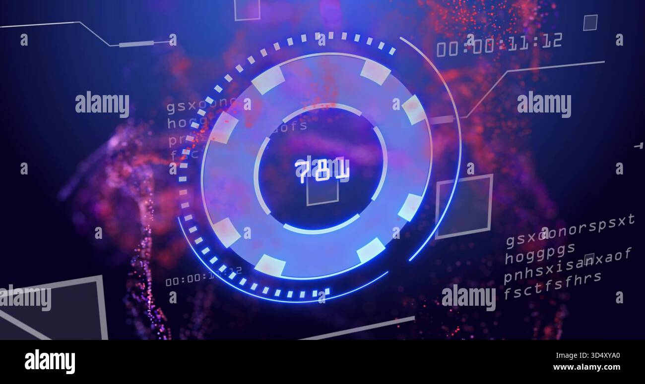 Displaying circular HUD 781 in sci-fi UI, showing upper-right timecode, overlays, magenta clouds Stock Photo