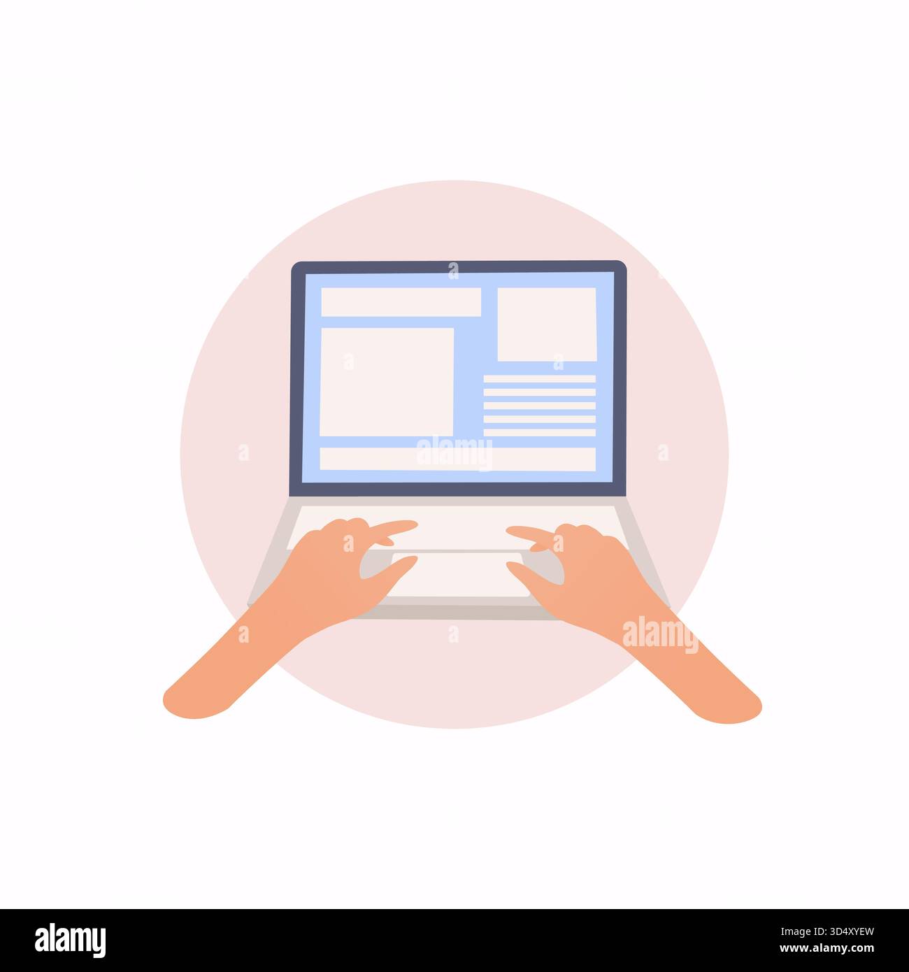 Laptop and hands on the keyboard. Vector flat illustration. Stock Vector